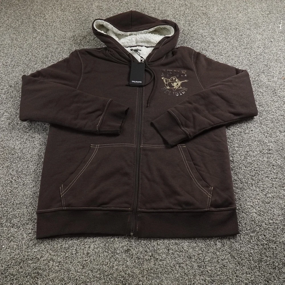 NEW True Religion Hoodie Mens‎ L Brown Buddha Sherpa Full Zip Sweatshirt Jacket